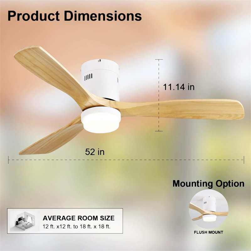 52 Inch Decorative Ceiling Fan With 6 Speed Remote White 3 Solid Wood Blades Reversible DC Motor For Living Room