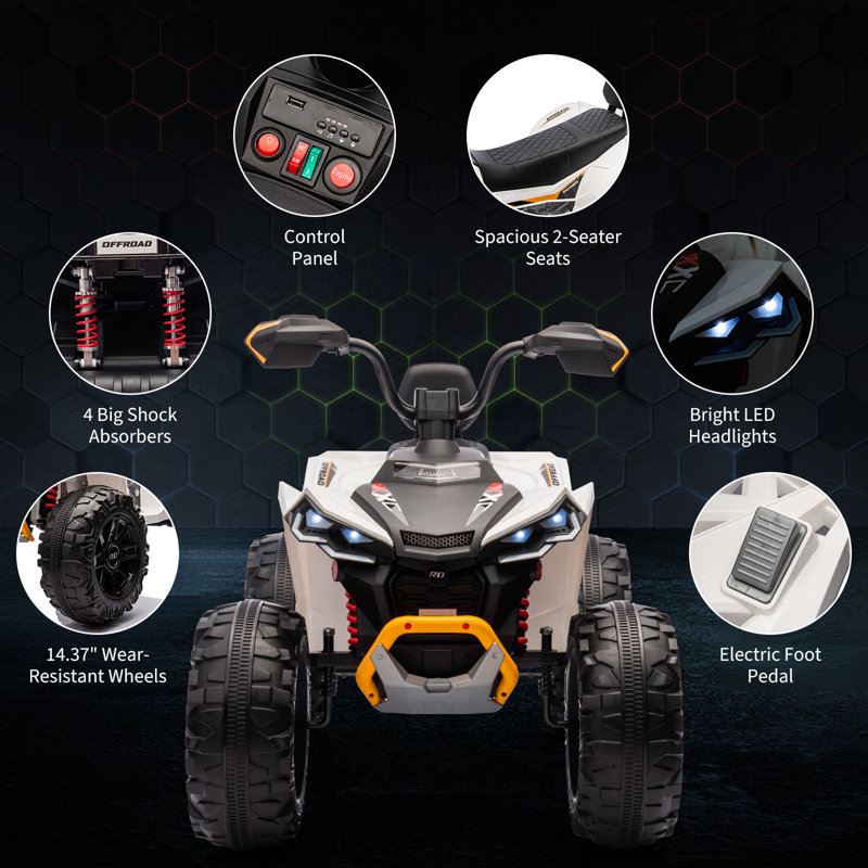 24V 2 places Kids Ride On ATV, quad électrique à 4 roues avec deux moteurs de 550 W, pile 7 Ah, télécommande, Blanc