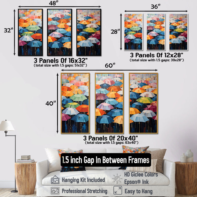 Rainbow Umbrellas Collage I - Sky Wall Decor Set, Black Floater Framed, 40" H x 60" W x 1" D