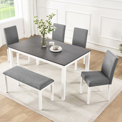 6 Modern Dining Table With Bench And Chairs, Grey & White Two Tone, Rectangular Table, Upholstered Seating, Build, Comfortable Backrests, Non-slip Fee