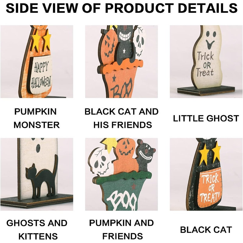 Rustic Wooden Halloween Figurines Set with Black Cat and Pumpkin Monster