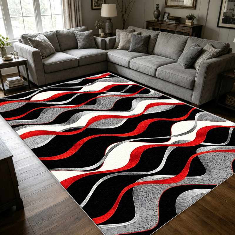 Red Black Wavy Stripe area rugs for Living Room, Soft and Comfortable, Suitable for all seasons, easy to maintain, machine washable Indoor floor mat, Under Table Farmhouse suitable for Bedroom, Dining Room, Study, Patio, Balcony, Home Decor