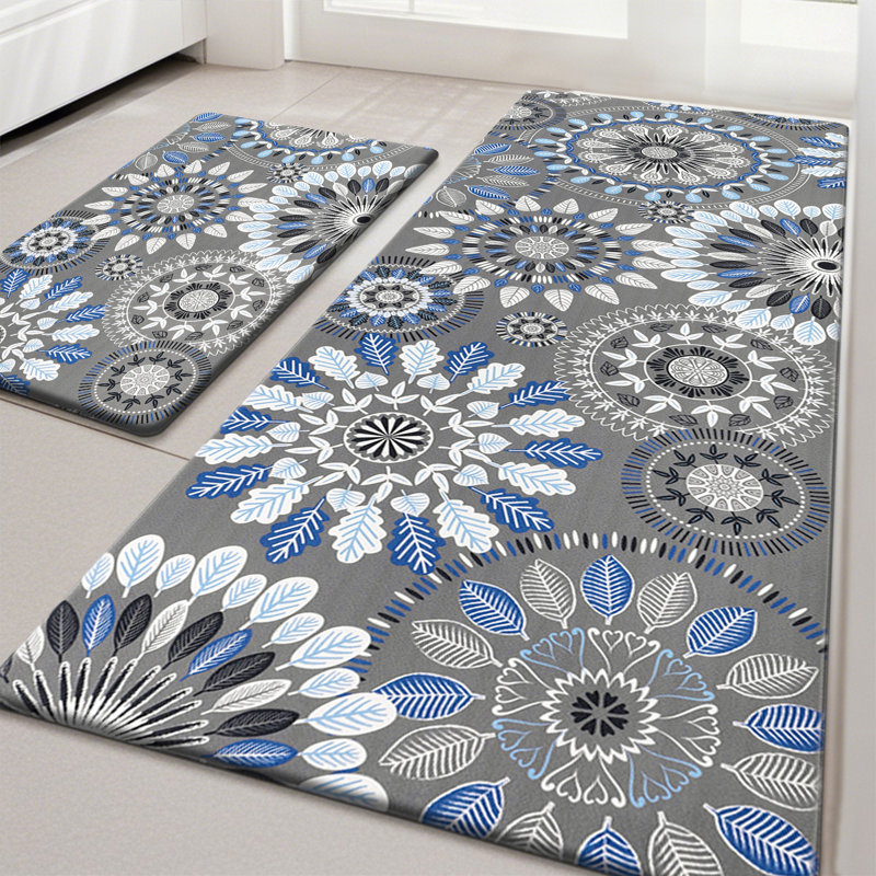Jalissia Anti-Fatigue Non-Skid Kitchen Mat, Gray/Blue/Black/White, Runner 20" x 31.5" + 20" x 59"