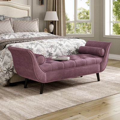 Repose-pieds mauve avec accoudoirs roulés, boutons et 2 coussins cylindriques pour centre de table décoratif