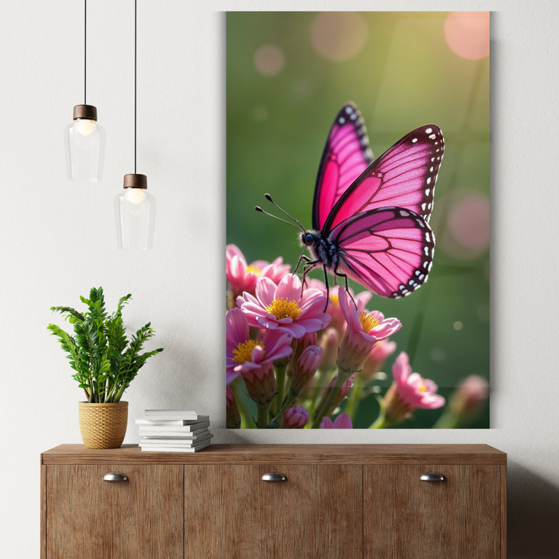 Art mural en verre trempé papillon rose, 36" H x 24" W