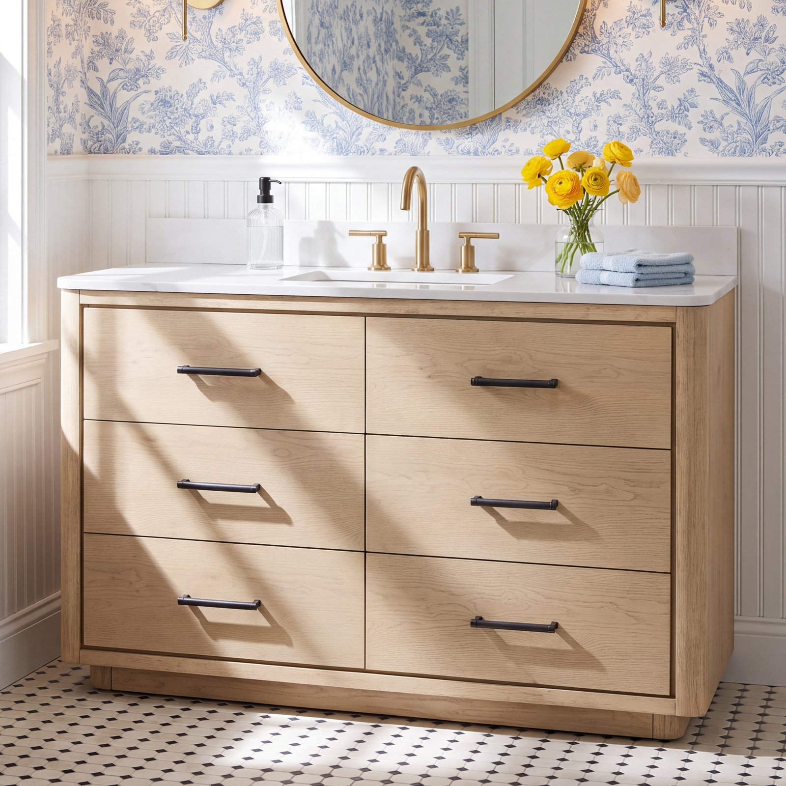 Porto 55 " Single Bathroom Vanity, Natural Oak, Matte Black