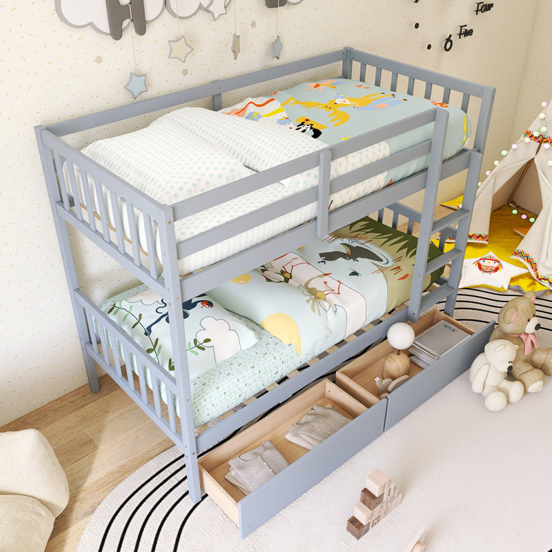Wood Frame Twin Over Twin Size Bunk Bed With 2 Drawers,Ladder And Safety Guardrails, Gray
