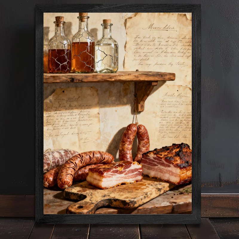 Art mural rétro noir avec bacon et bouteilles, impressions de style rétro, H 17 po x l 13 po