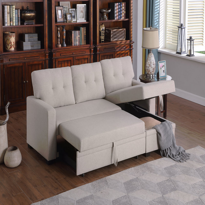 Upholstered Pull Out Sectional Sofa With Chaise, Beige
