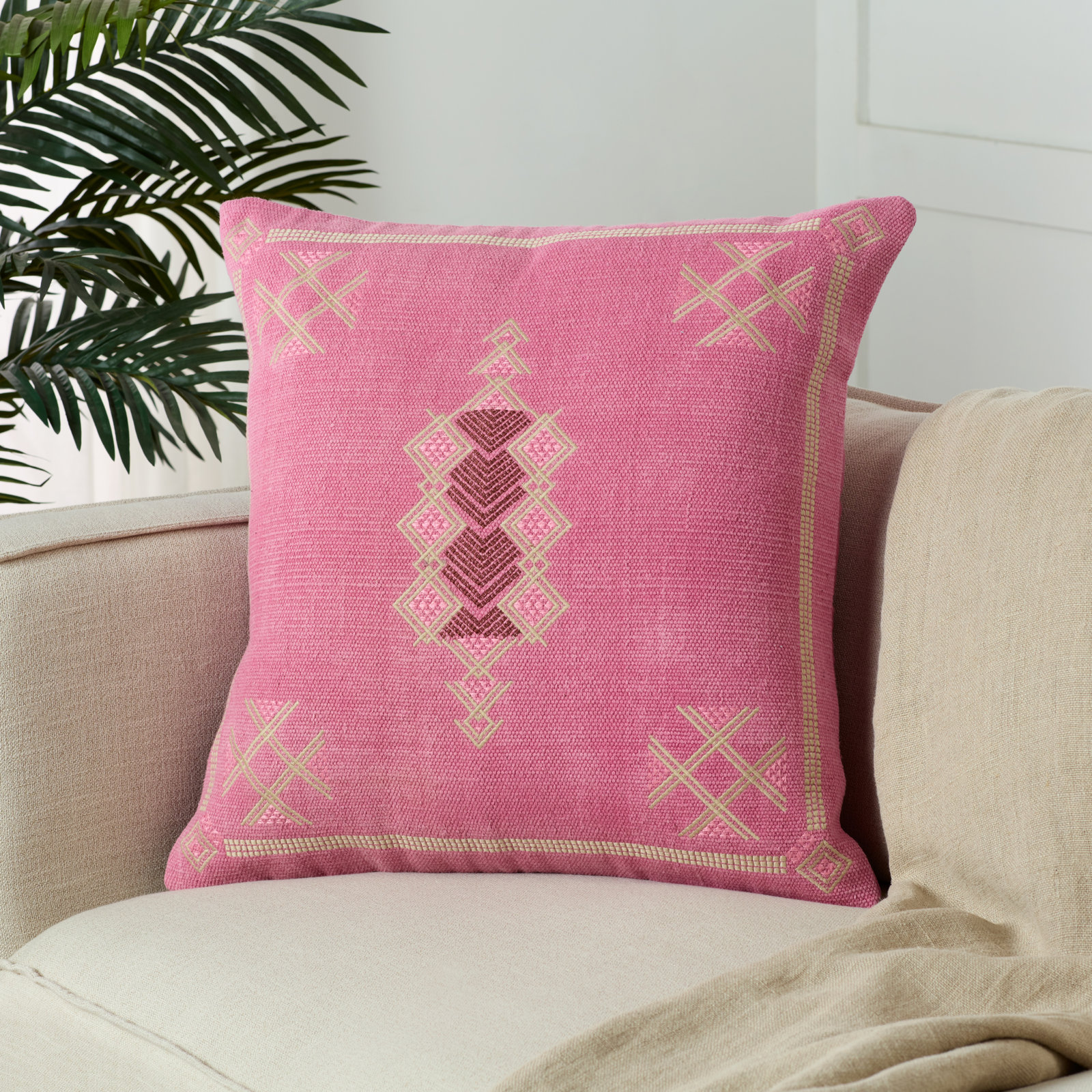 Mikes 100% Wool Throw Square Pillow, Pink/Tan, No Fill