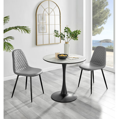 Ellis White Marble Effect Melamine Round Dining Table Set with 2 Luxury Faux Leather Dining Chairs