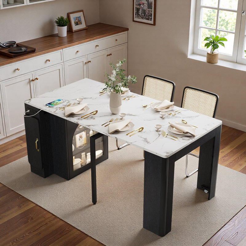 Kitchen Island With Extendable Tabletop, Power Outlet, Side Storage Area And Built-in Led Light Strip, Black