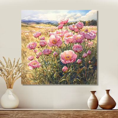 Pivoines dans le champ ensoleillé III - reproduction d'art traditionnelle en métal, pivoines, art mural en métal