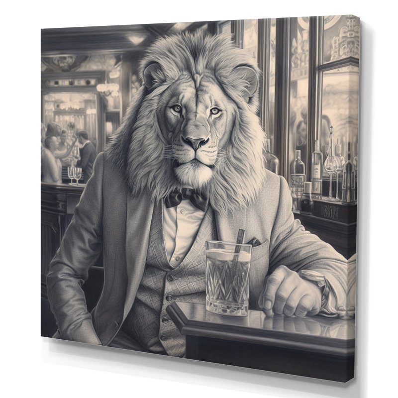 Lion ayant une boisson sur toile, H 16 po x l 16 po x P 1 po, Toile tendue