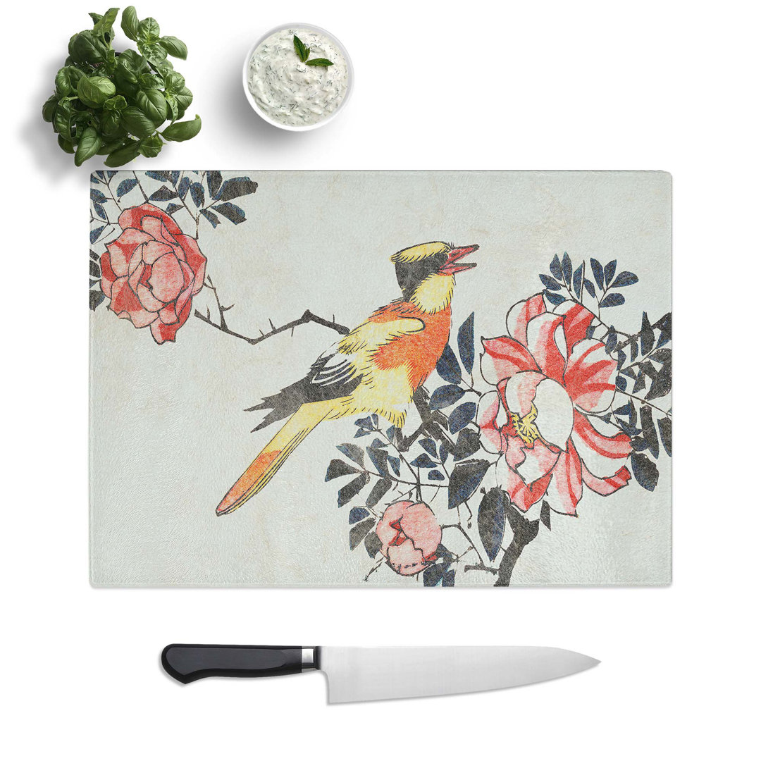 Tempered Glass Wagtail Bird with Roses by Utagawa Hiroshige Chopping Board