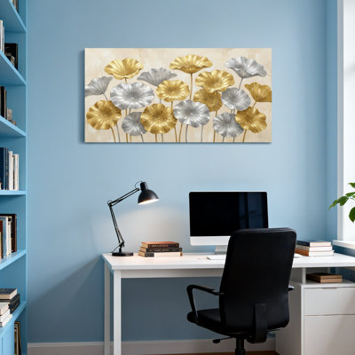 Plantes et fleurs, motif de coquelicots en argent doré