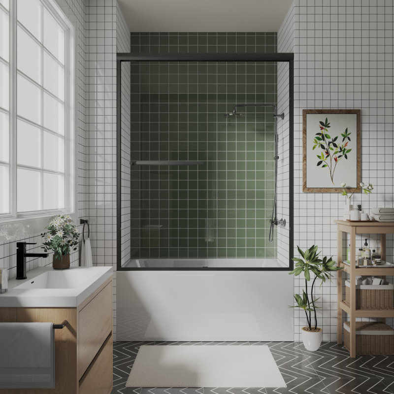 56 In.-60 In. W X 58 In. H Sliding Framed Tub Door With Clear Glass, Matte Black