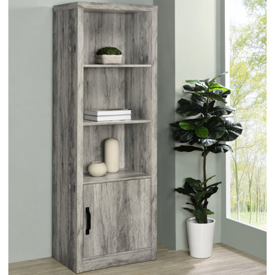 Bois flottant - Tour à 3 tablettes finies pour le rangement en coin dans les zones de vie, fonction réglable vers le haut, fabrication en bois d'ingénierie standardisation des médias gris, fonctionnelle et contemporaine, fermé