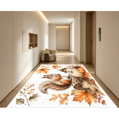 Tapis à motif de feuilles d'érable et de citrouille d'automne écureuil d'automne, détails de style aquarelle, surface en velours, tapis antidérapant, lavable à la machine, décoration intérieure pour le salon, la chambre à coucher, la cuisine, le balcon, appartement