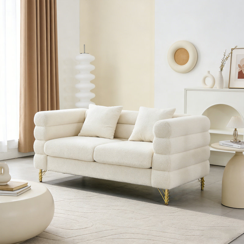 Canapé modulaire 60 pouces 2 places, canapé modulaire en tissu Comfort Teddy, assise douce avec 2 coussins pour le salon, la chambre à coucher, le bureau, blanc