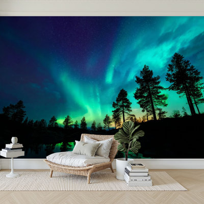 Peel and Stick Wallpaper 96" W x 69" H Modern Self Adhesive Wall Mural for Bedroom aurora borealis northern lights lake trees