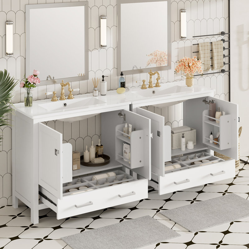 Meuble-lavabo de salle de bain avec lavabo en céramique, portes à fermeture en douceur, tablettes de rangement doubles et tiroir divisé pour un rangement de salle de bain spacieux et organisé