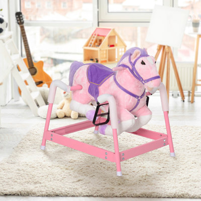 Cheval à bascule printanier, enfants qui montent à cheval, cheval en peluche avec sons et étriers de pieds, selle pour enfants de 3 à 8 ans, rose