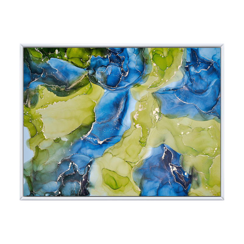 «Blue and Green Luxury Abstract Fluid», peinture sur toile, H 12 po x l 20 po x P 1 po, Cadre flottant blanc