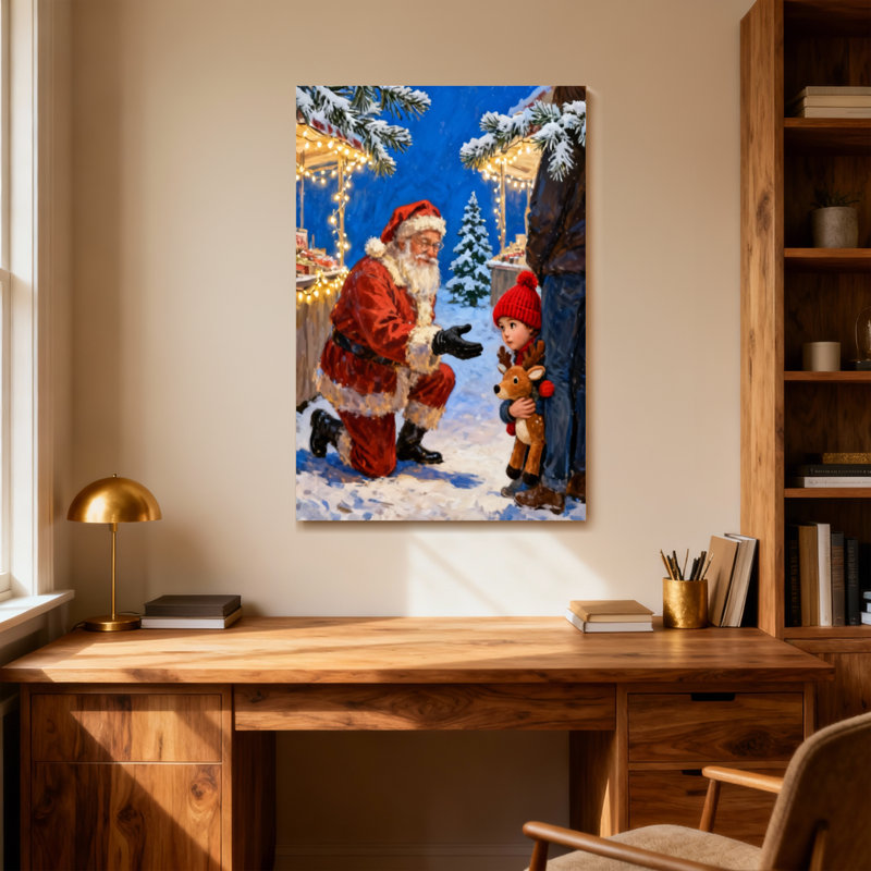 Père Noël agenouillé avec un enfant et un renne, H 18 po x l 12 po