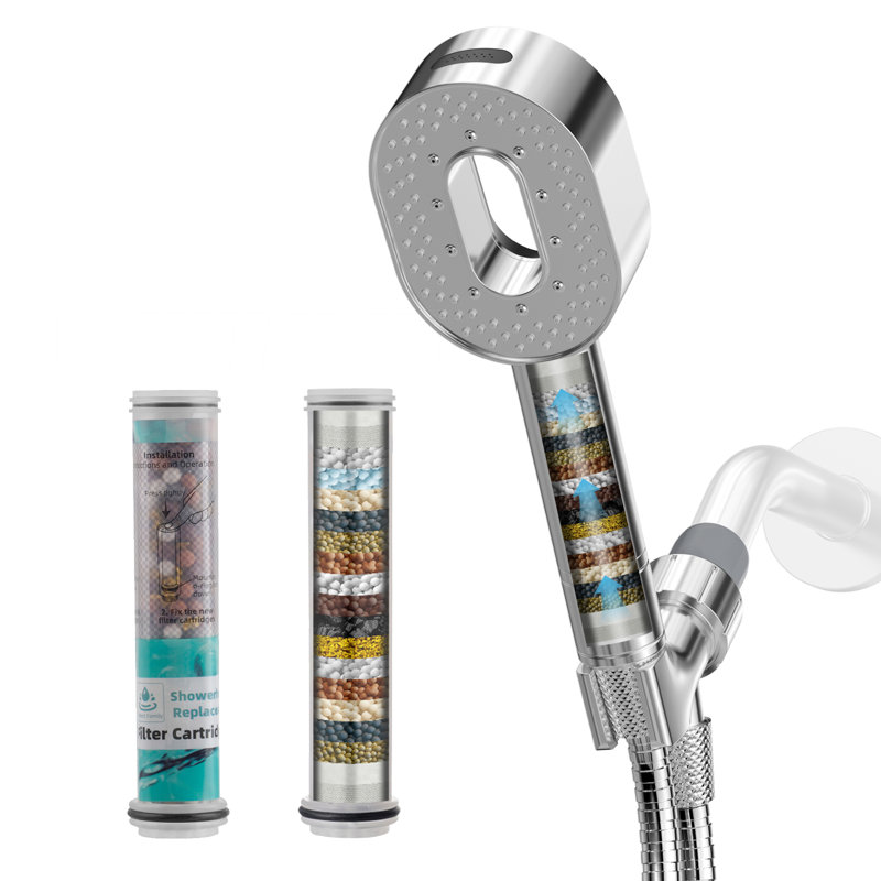 Pommeau de douche à main haute pression avec filtre, 5 jets, 2 filtres supplémentaires, support et boyau de douche de 150 cm, chromé