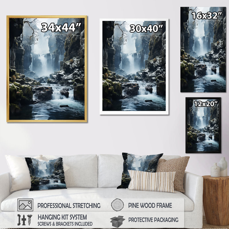 «Grey White Waterfall Frozen Symphony II», reproduction sur toile, H 32 po x l 16 po x P 1 po, Cadre simple blanc