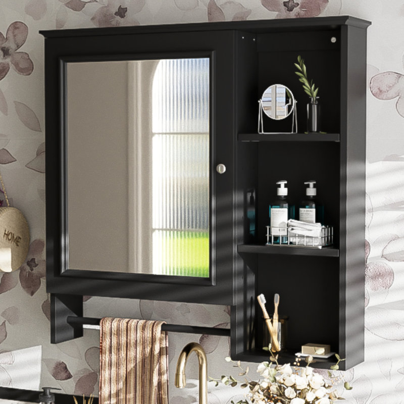 Armoire de rangement murale pour salle de bain, armoires à pharmacie avec grande porte miroir, tablettes réglables et trois niveaux de rangement ouverts (meuble-lavabo non inclus)