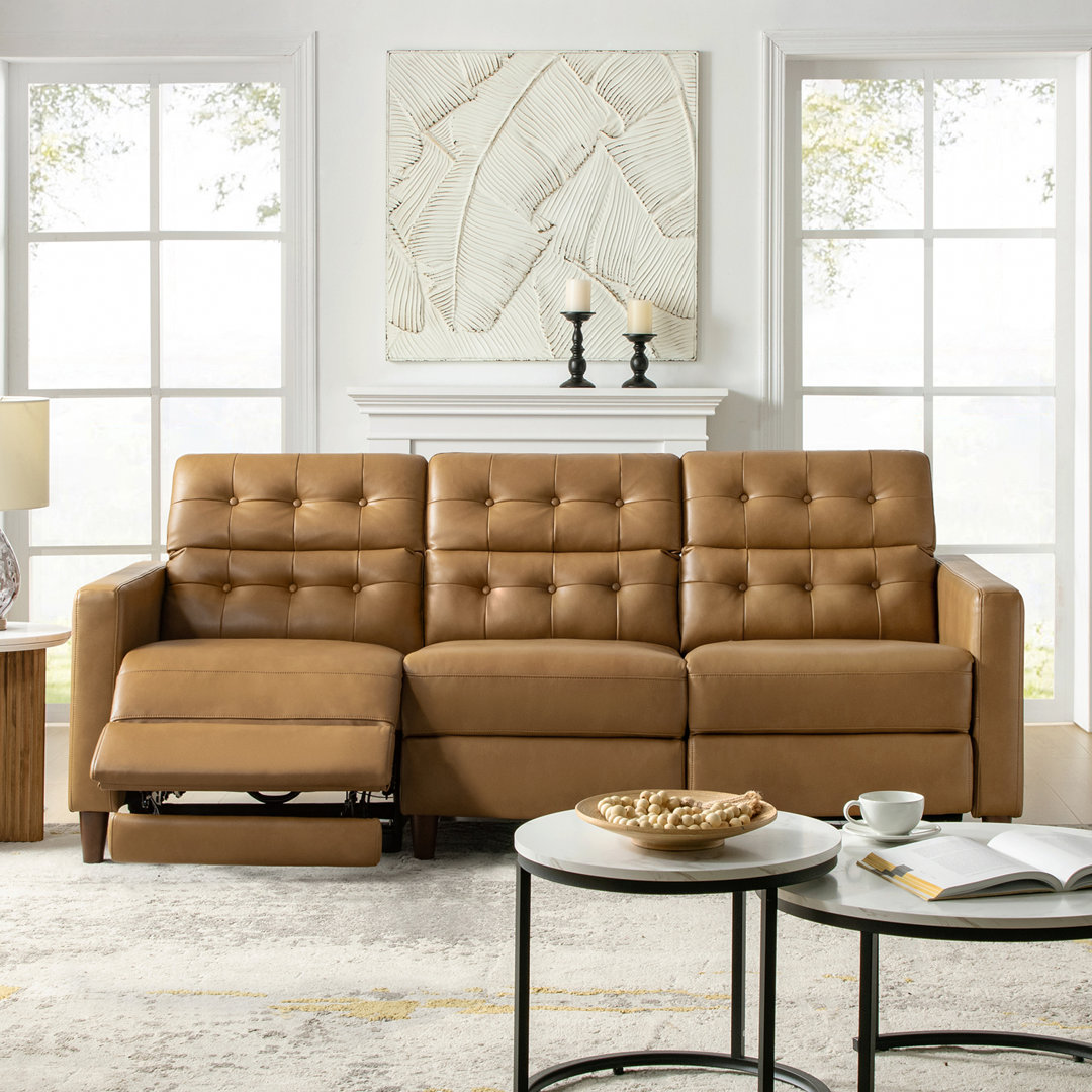 Gurdarshan 84.5"W Leather Mid-Century Modern Oversized Dual-Motor Power Reclining Sofa Ebern Designs Upholstery 