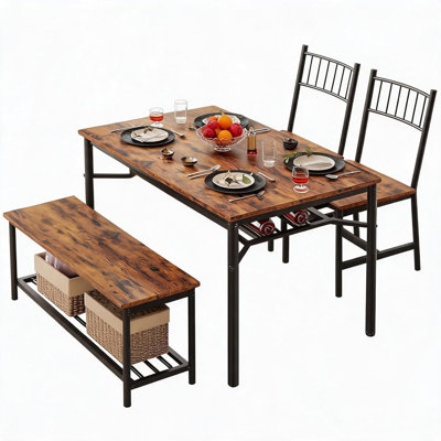 Space-Saving 4 Piece Dining Table Set – Rectangular Kitchen Table with Chairs, Storage Bench, Wine Rack & Shelf – Sturdy Metal Frame Dining Room Furniture for Small Spaces, Classic Color