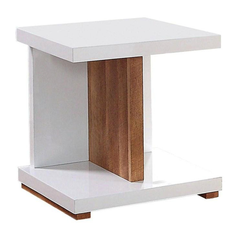 Contemporary Solid Wood End Table, High Gloss Two - Tone, Open Shelves, 22X22x23.56 Inches Modern Tone Design, Gloss, Replicated Base