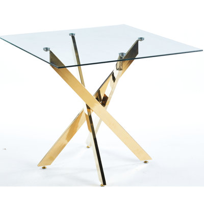 Table de salle à manger carrée avec pieds et verre trempé, 90 x 90 x 75 cm, peu encombrante pour le salon, longueur réglable, surface en verre lisse en métal doré de fabrication exquise, facile à