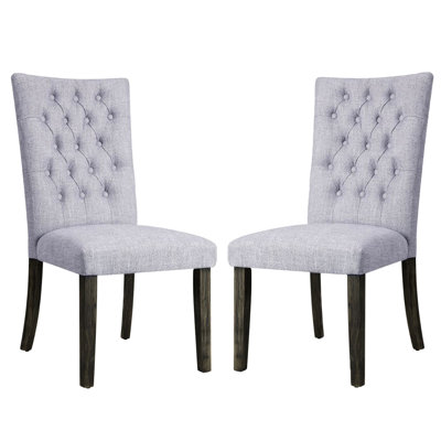 Two Gray Side Chairs Of 2 For Dining Room, Armless Chair With High Back And Oak Finish Legs, Square Button - Back, 18 Inch Seat Depth Linen Upholstered Wood Dining, ,