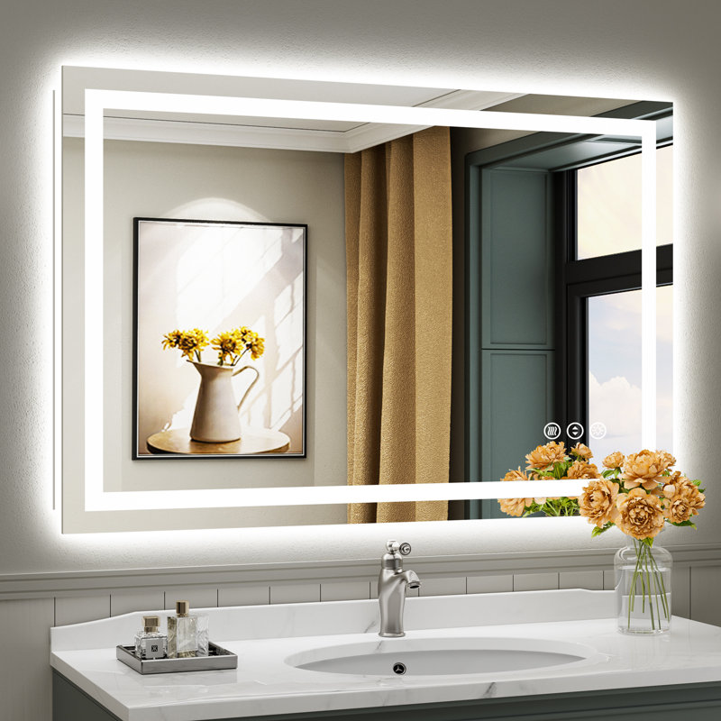 Miroir de salle de bain à DEL avec lumières, rétroéclairé et éclairé à l'avant, miroirs muraux éclairés pour meuble-lavabo, écran tactile à intensité variable, antibuée, fonction mémoire, verre trempé HD, incassable, homologué ETL