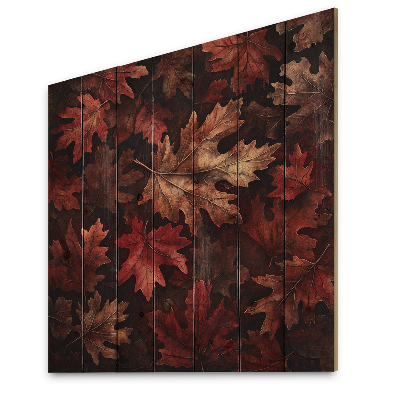 Red Falling Maple Leaves II - Impression sur bois de feuilles - sur bois de pin naturel, H 36 po x l 36 po x P 0,78 po
