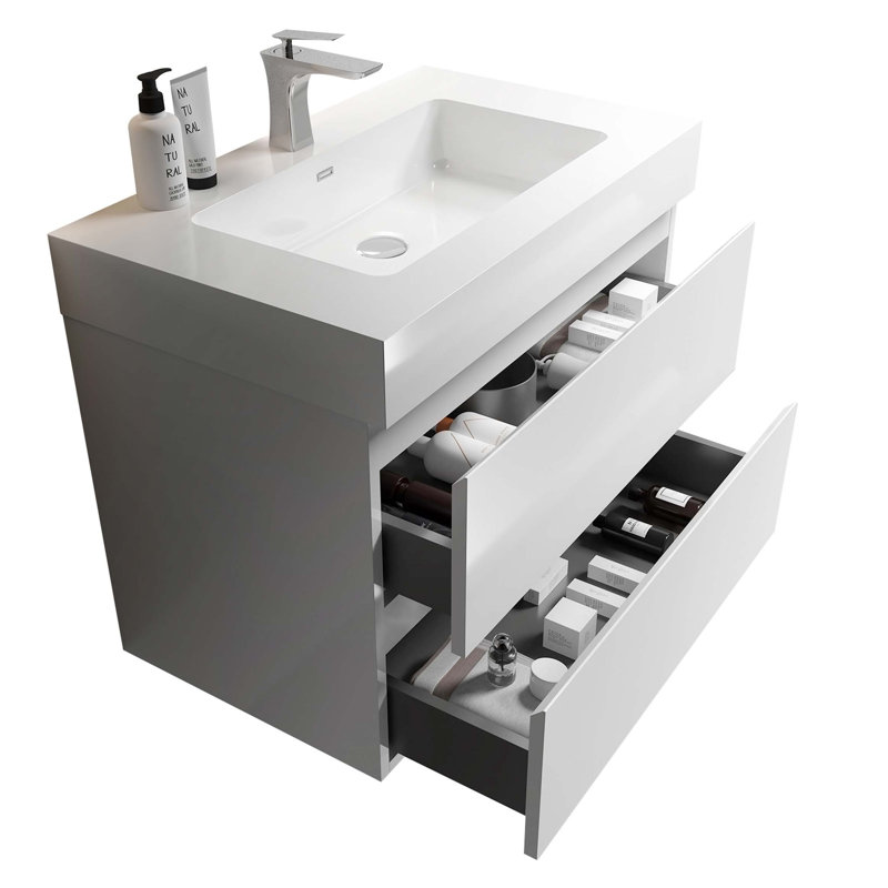 Meuble-lavabo mural flottant avec lavabo et rangement, Blanc, Blanc