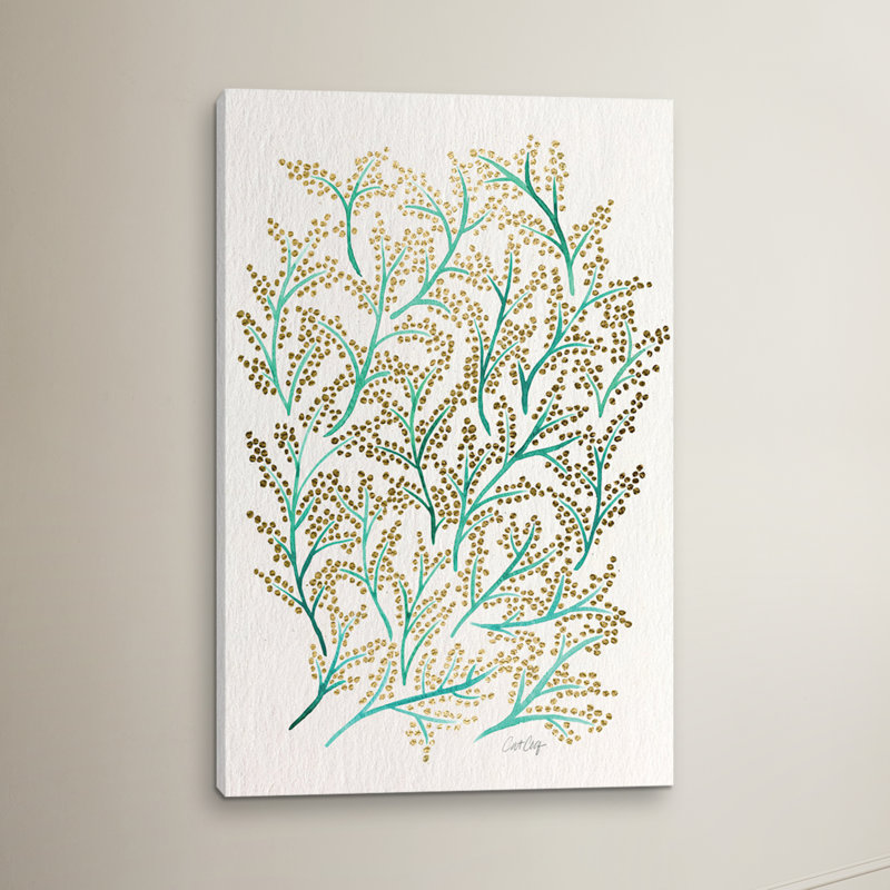 « green gold branches », impression sur toile tendue, H 26 po x l 18 po x P 1,5 po, Toile avec cadre noir, Pas de tapis