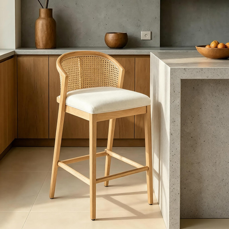 Nyaja 27" Seat Height Rubberwood Counter Stools With PE Rattan Backrest, Brown