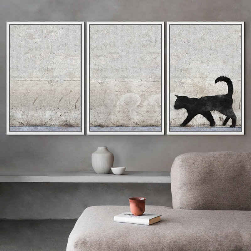 Silhouette de chat noir, triptyque, graffiti et villes d'art urbain, paysage urbain, 3 pièces, H 24 po x l 48 po x P 1,5 po