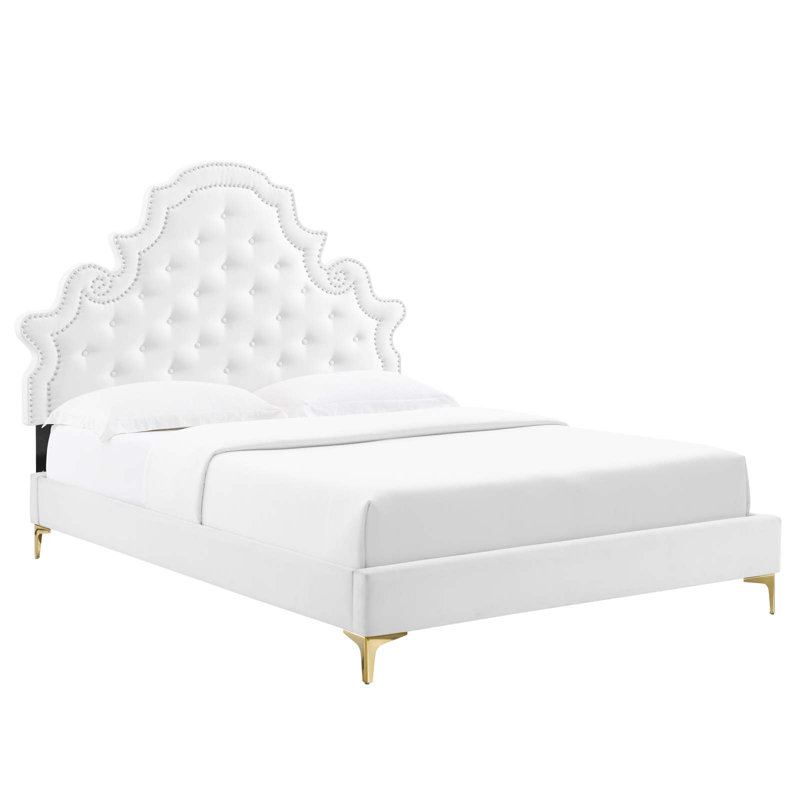 Gwyneth Tufted Performance Velvet Platform Bed, White, Twin