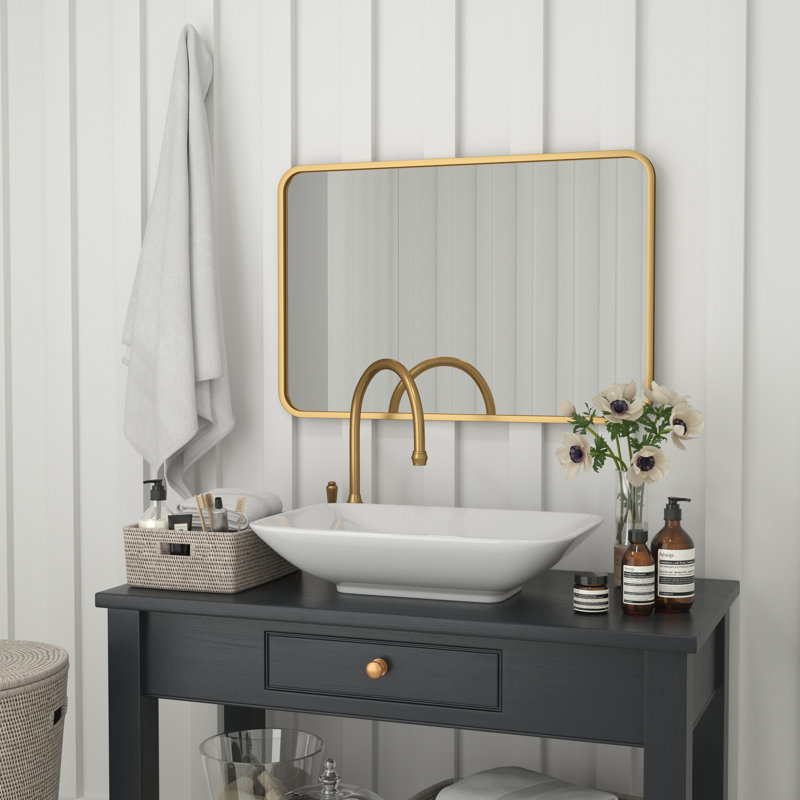 Arelly Wall Mount Shatterproof Rectangular Accent Wall Mirror with Metal Frame and Rounded Corners, Gold, 36" x 24"