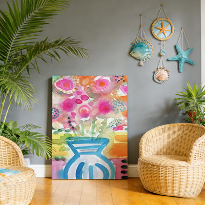 Vase bleu de fleurs, art mural encadré en bois à l'arrière, 30 L x 20 l