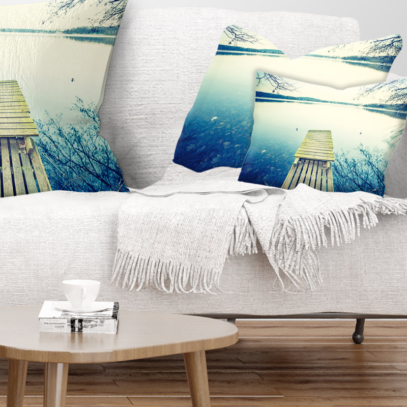 Sunset Over Tranquil Lake - Pier & Bridge Printed Throw Pillow