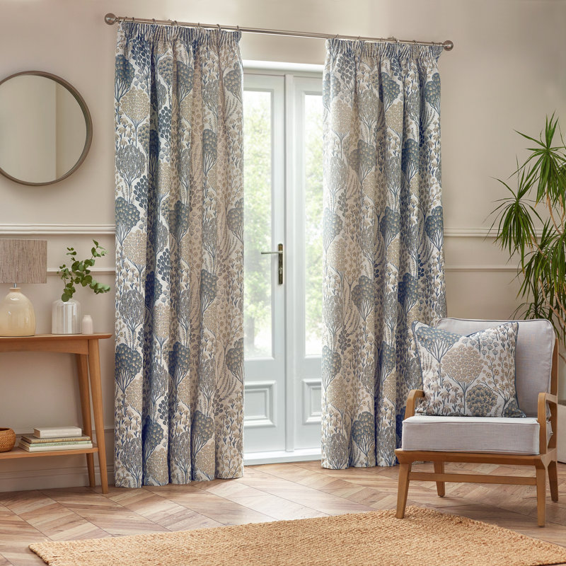Ophelia Floral Jacquard Pencil Pleat Curtains, Blue, 229cm Width x 183cm Drop