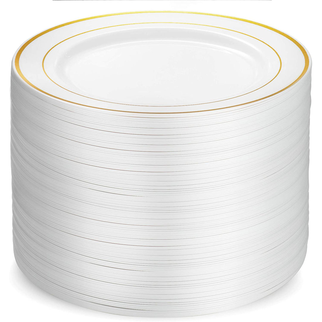 10 Inch Silver Rim Plastic Dinner Plate For 100 Guests Seseno Color: White/Gold