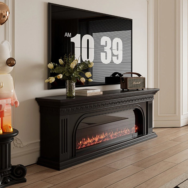 Black Solid  Wood TV Cabinet Fireplace, 27.56" H x 78.74" W x 12.6" D, Black